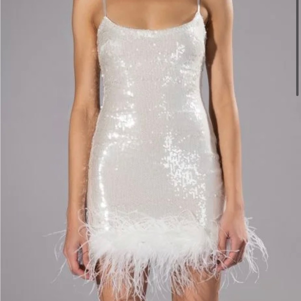 BRAND NEW NEVER WORN White sequin and feather dress